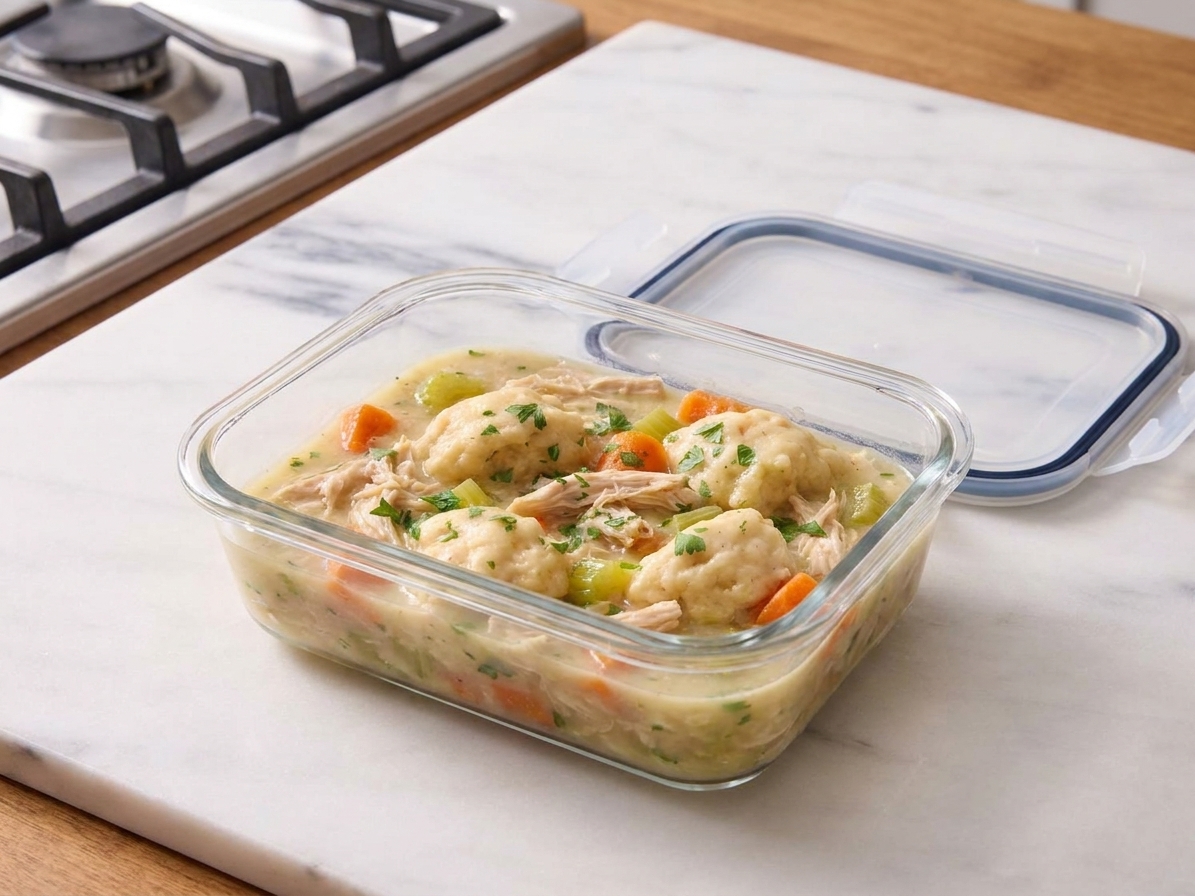A glass meal prep container filled with leftover chicken and dumplings cooling on a kitchen counter with a lid set beside it