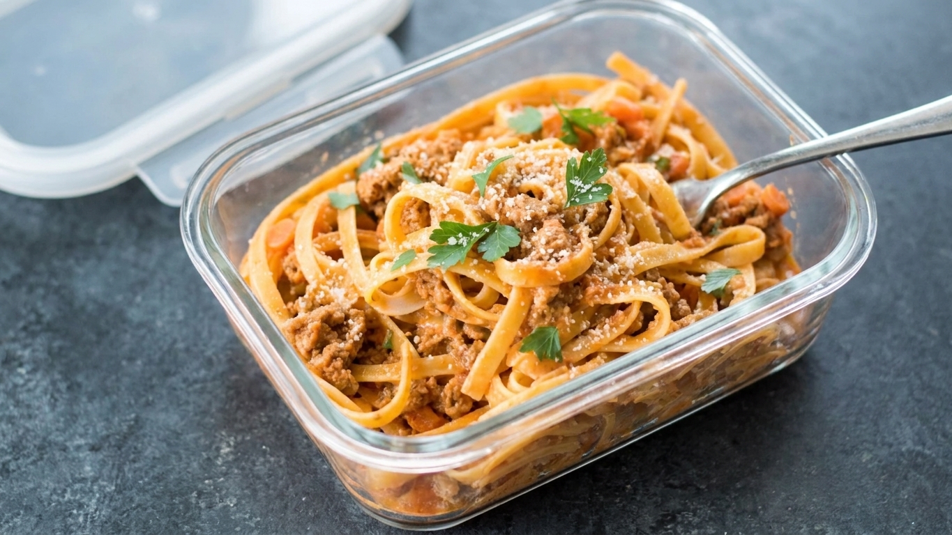 A glass meal prep container filled with leftover creamy ground turkey pasta, lid off, on a kitchen counter
