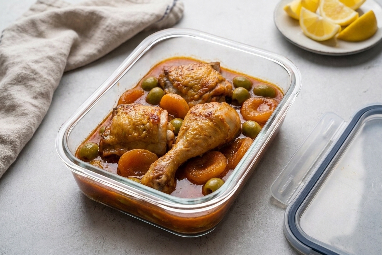 A glass meal prep container filled with leftover chicken tagine sauce, apricots, and olives, sitting on a kitchen counter with a lid nearby