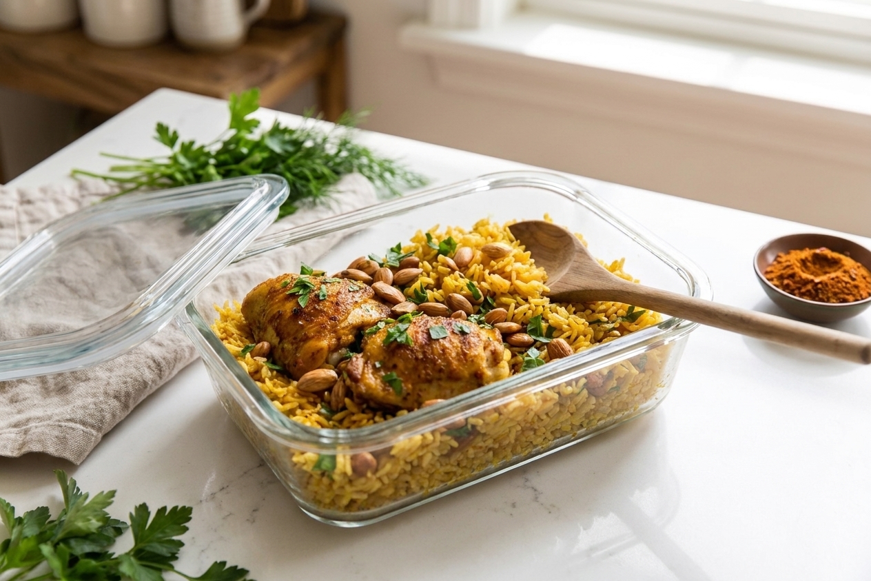 A glass meal prep container filled with leftover chicken and rice on a kitchen counter with a lid set beside it
