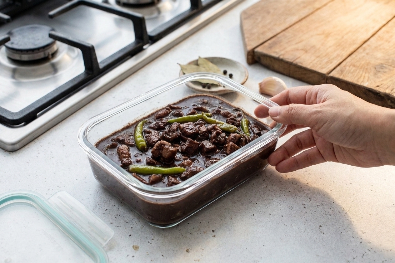 A glass meal prep container filled with leftover dinuguan, lid off, sitting on a kitchen counter