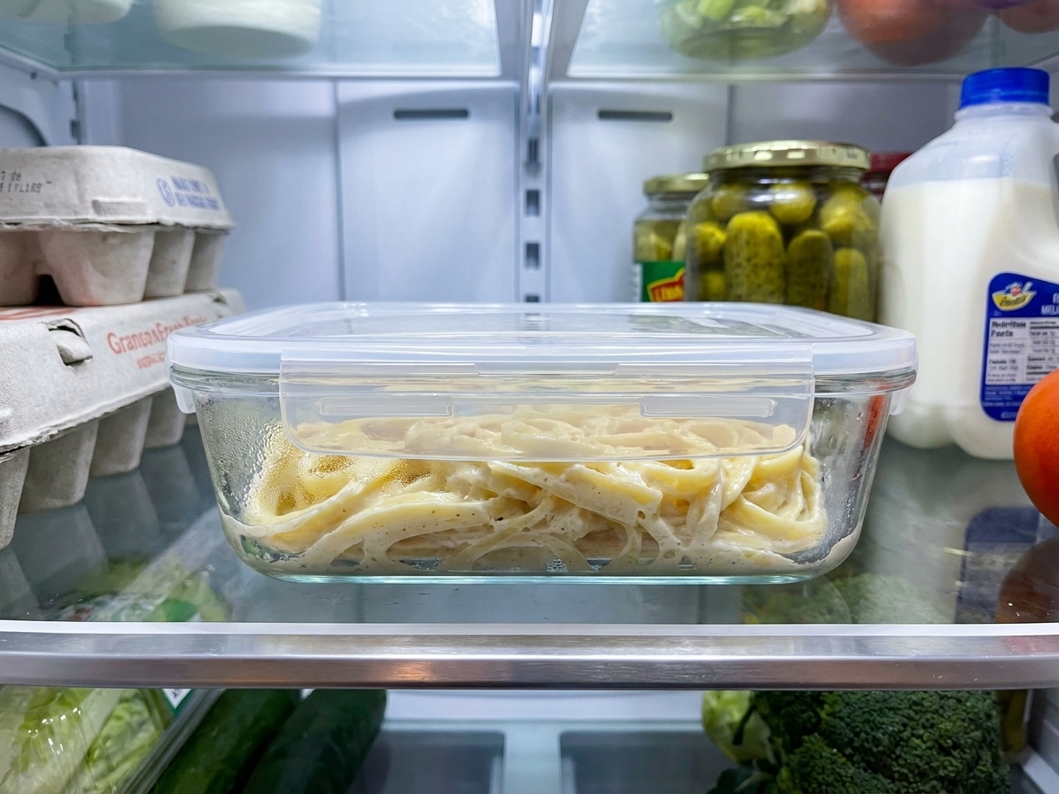 A glass meal prep container filled with leftover fettuccine Alfredo resting on a refrigerator shelf