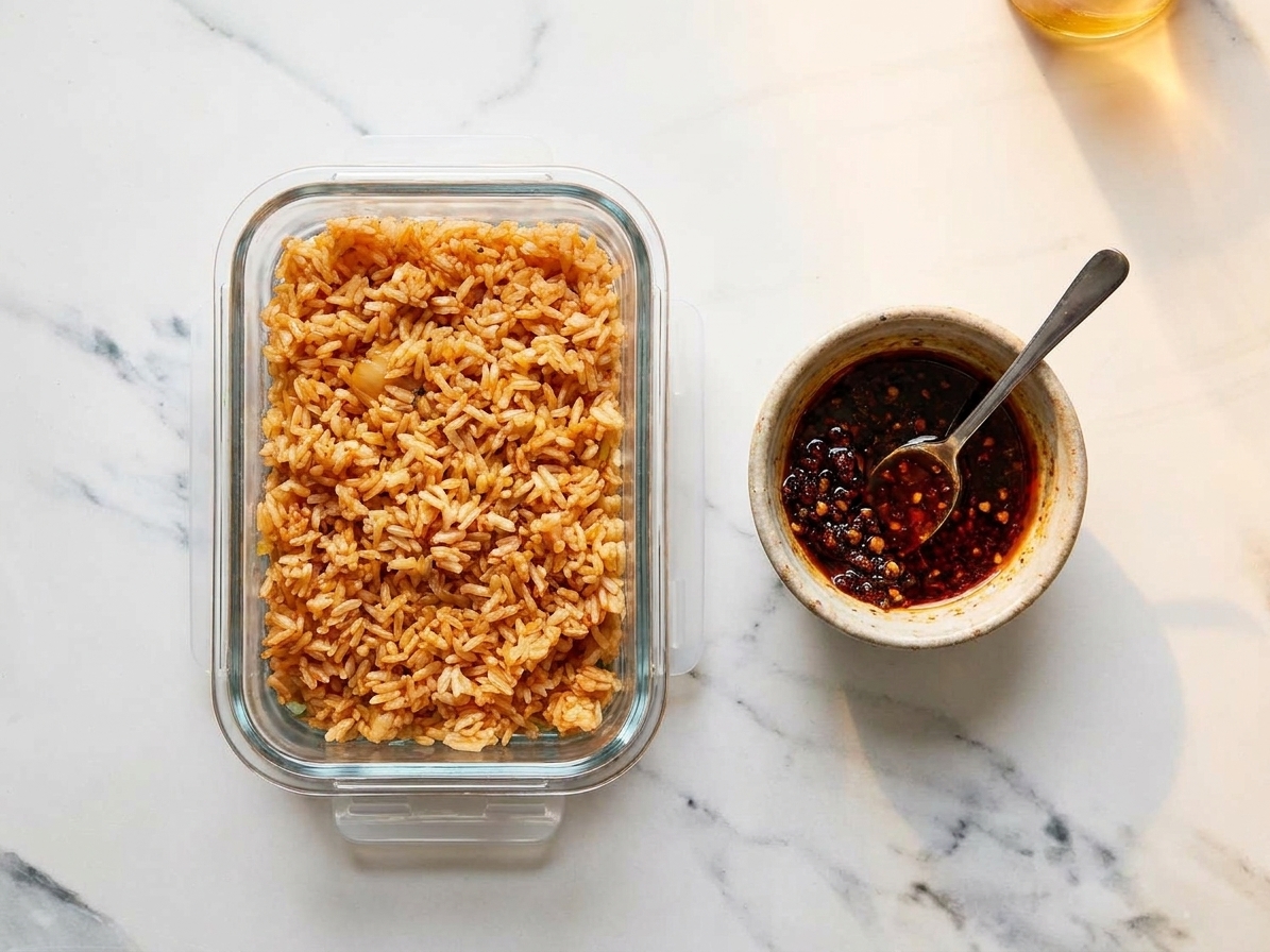 A glass meal prep container filled with leftover fried rice and a separate small container of sauce on a kitchen counter