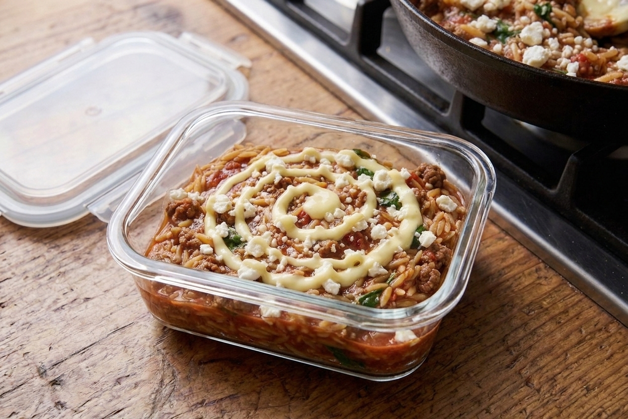 A glass meal prep container filled with leftover ground beef orzo topped with feta, sitting on a kitchen counter with a lid nearby