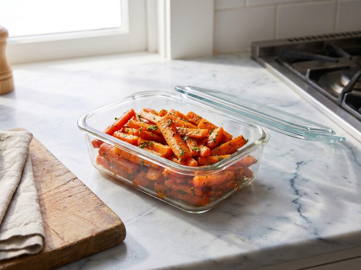 A glass meal prep container filled with leftover glazed carrots on a kitchen counter with the lid beside it
