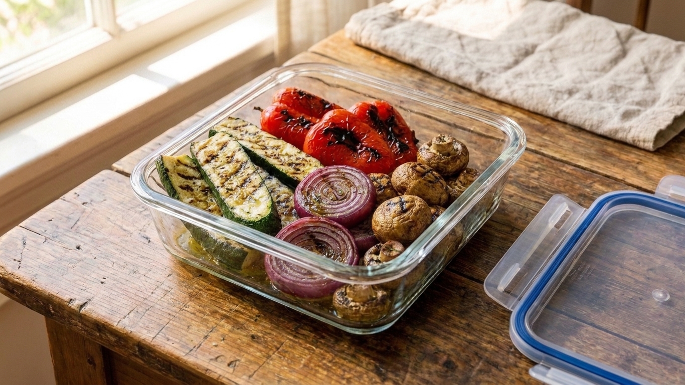 A glass meal prep container filled with leftover grilled zucchini, peppers, onions, and mushrooms on a kitchen counter with a lid nearby