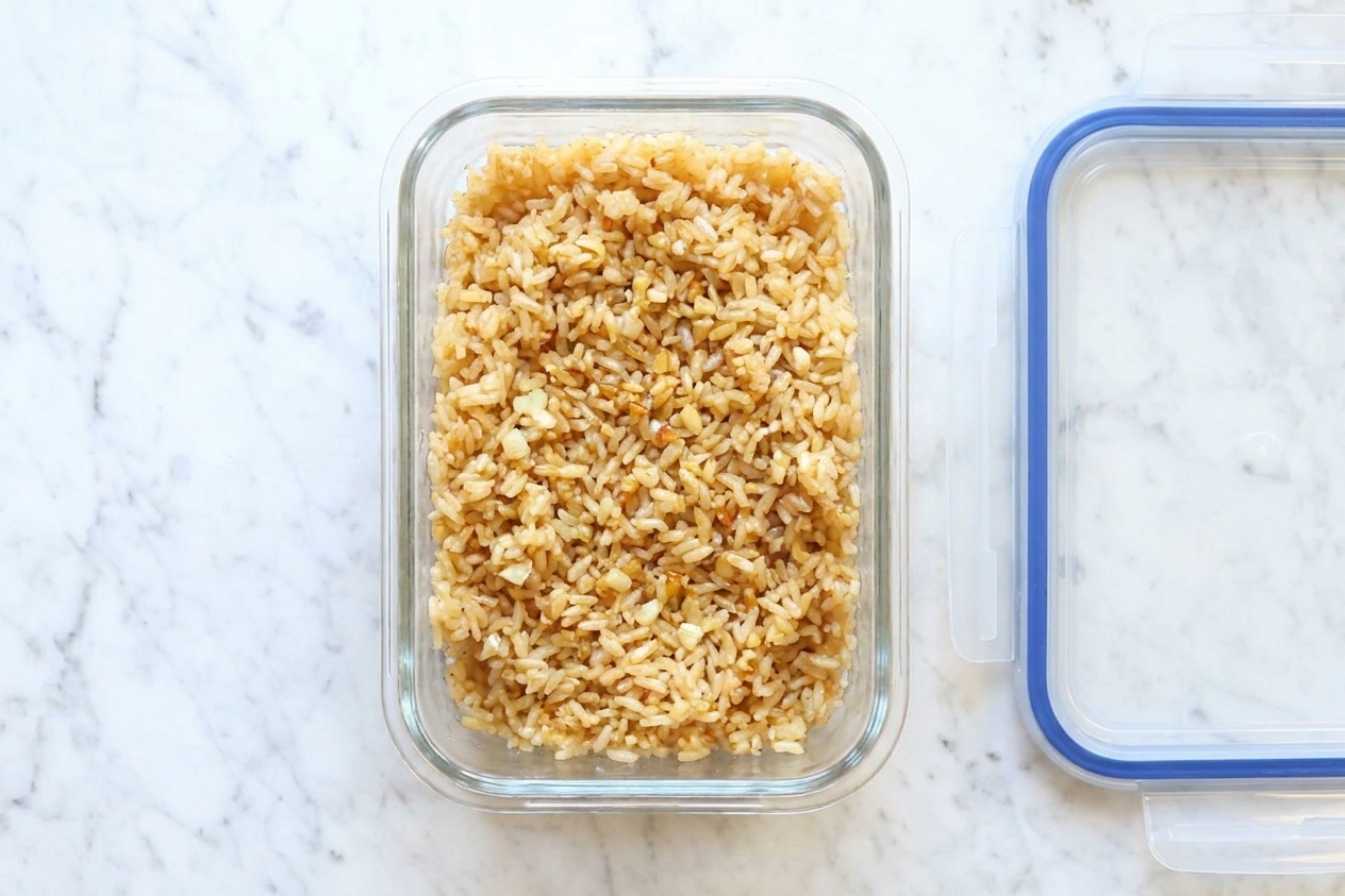 A glass meal prep container filled with leftover garlic rice on a kitchen counter next to a lid