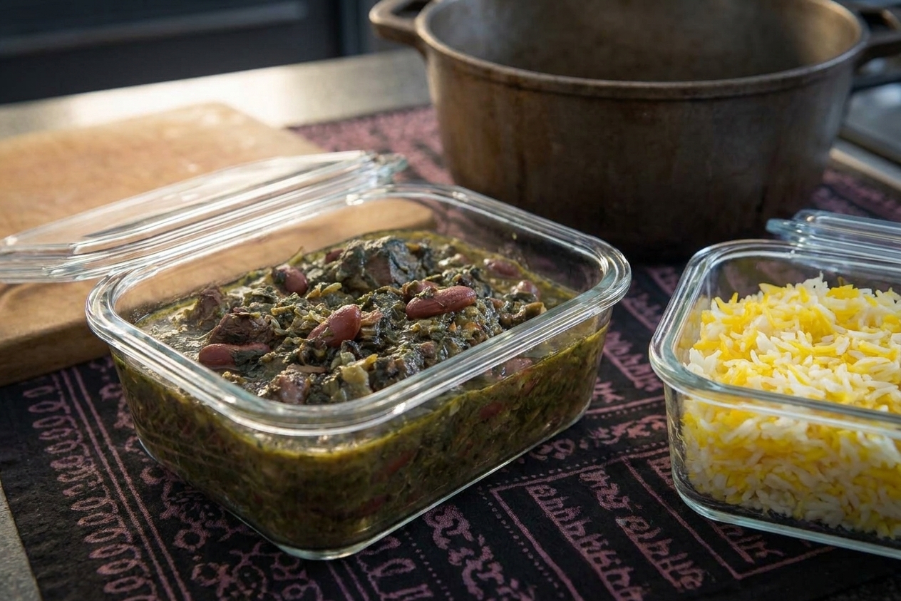 A glass meal prep container filled with leftover ghormeh sabzi stew, covered and set on a kitchen counter next to a small container of basmati rice