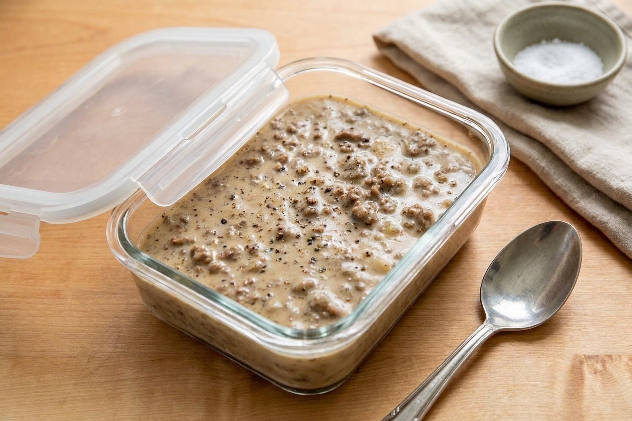 A glass meal prep container filled with leftover hamburger gravy, lid off, sitting on a kitchen counter next to a spoon