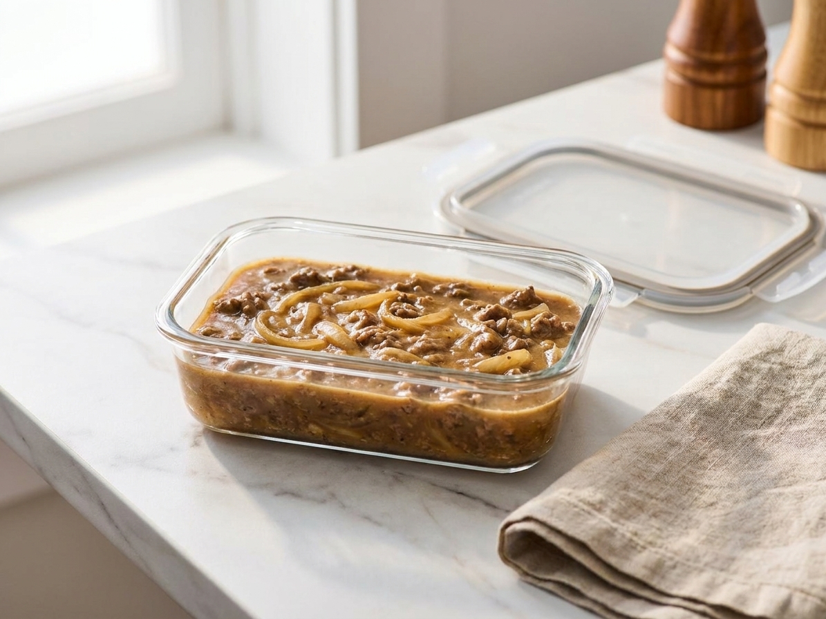 A glass meal prep container filled with leftover hamburger gravy cooling on a kitchen counter next to its lid