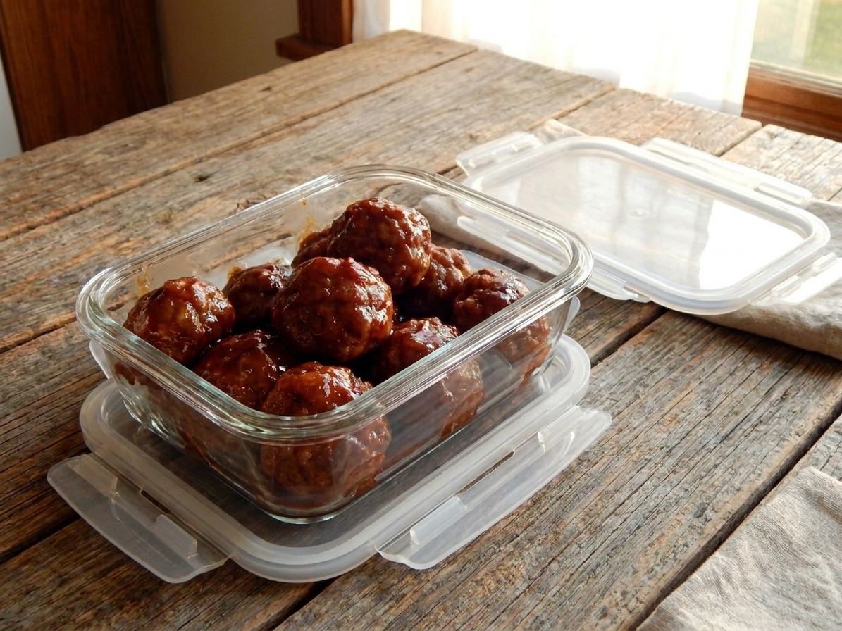 A glass meal prep container filled with leftover ham balls and glaze, lid set beside it