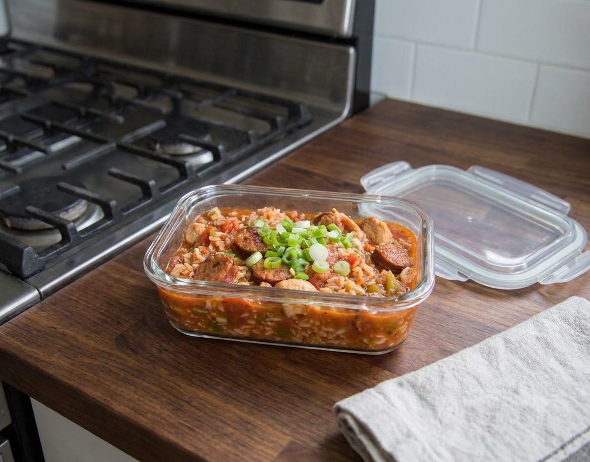 A glass meal prep container filled with leftover jambalaya on a kitchen counter with a lid nearby, ready to go into the refrigerator