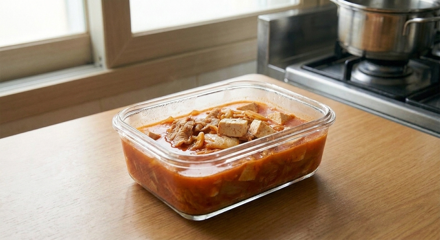 A glass meal prep container filled with leftover kimchi soup and tofu, sealed and sitting on a kitchen counter