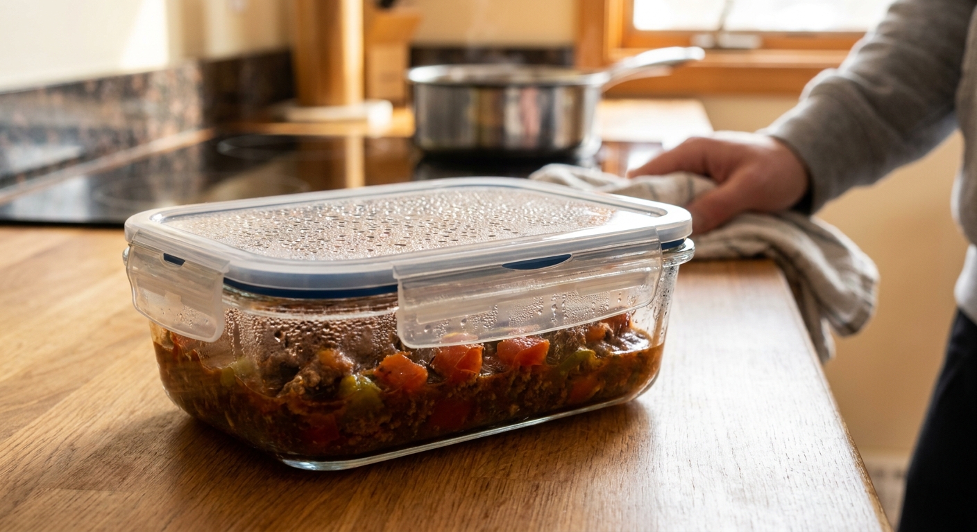 A glass meal prep container filled with leftover keto chili with condensation on the lid