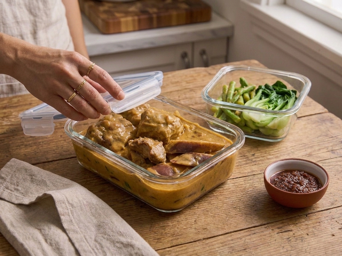 A glass meal prep container filled with leftover kare kare peanut stew next to a small separate container of vegetables on a kitchen counter