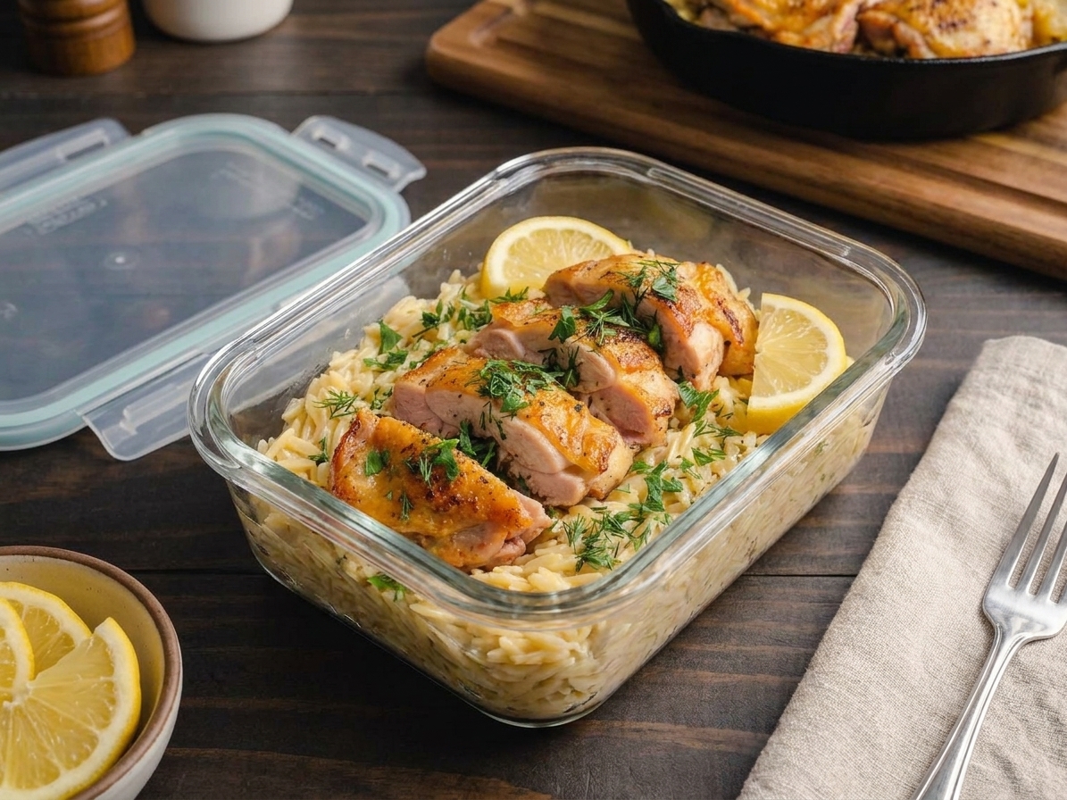 A glass meal prep container filled with leftover lemon chicken and orzo sitting on a kitchen counter next to a lid