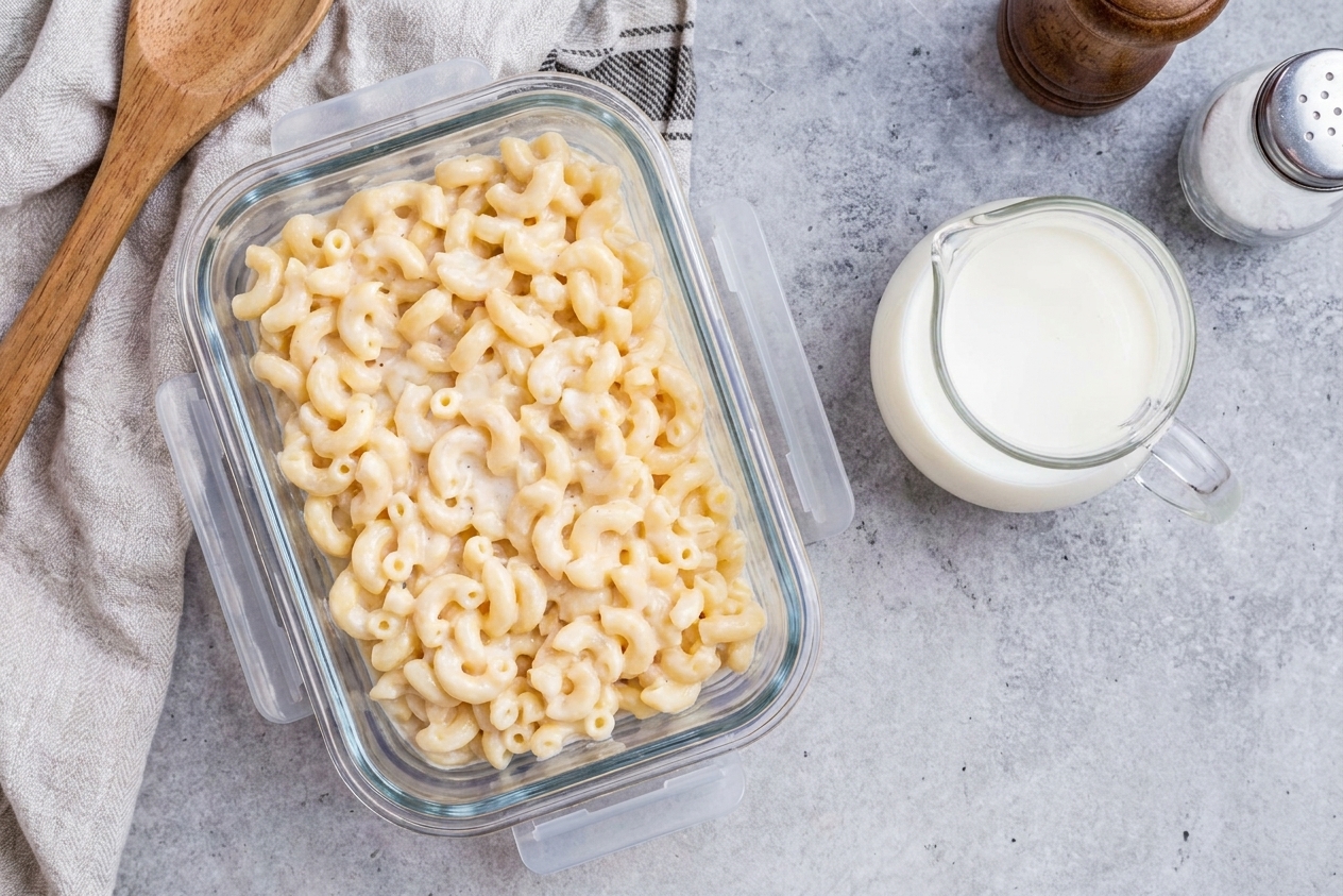 A glass meal prep container filled with leftover mac and cheese, covered and set on a kitchen counter next to a small pitcher of milk for reheating
