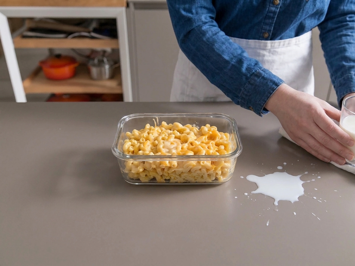 A glass meal prep container filled with leftover mac and cheese, lid off, sitting on a kitchen counter with a small splash of milk nearby