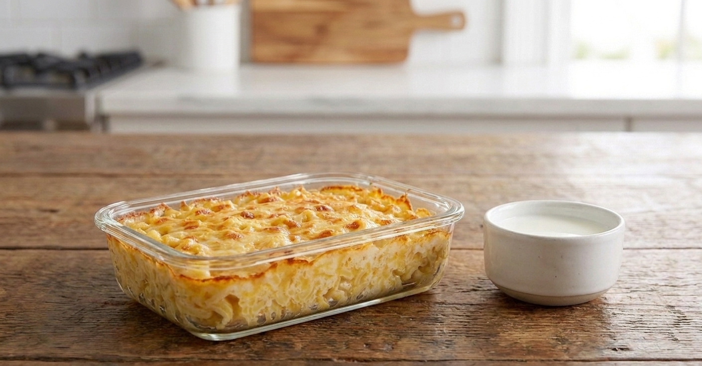 A glass meal prep container filled with leftover mac and cheese with a small cup of milk beside it on a kitchen counter