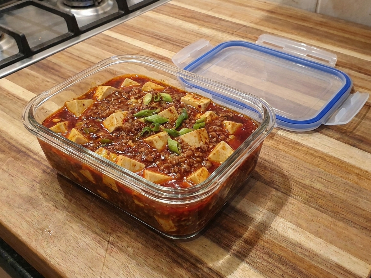 A glass meal prep container filled with leftover mabo tofu, sauce settled and glossy, with a snap-on lid sitting beside it on a kitchen counter