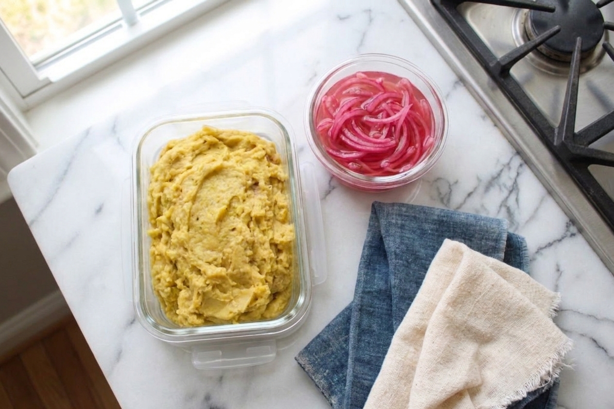 A glass meal prep container filled with leftover mangú next to a small container of tangy onions on a kitchen counter
