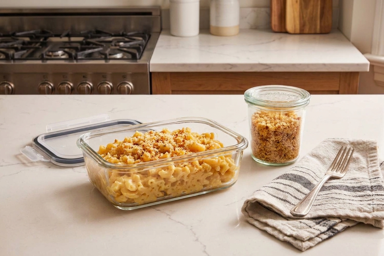 A glass meal prep container filled with leftover mac and cheese, with a small jar of toasted breadcrumbs beside it on a kitchen counter