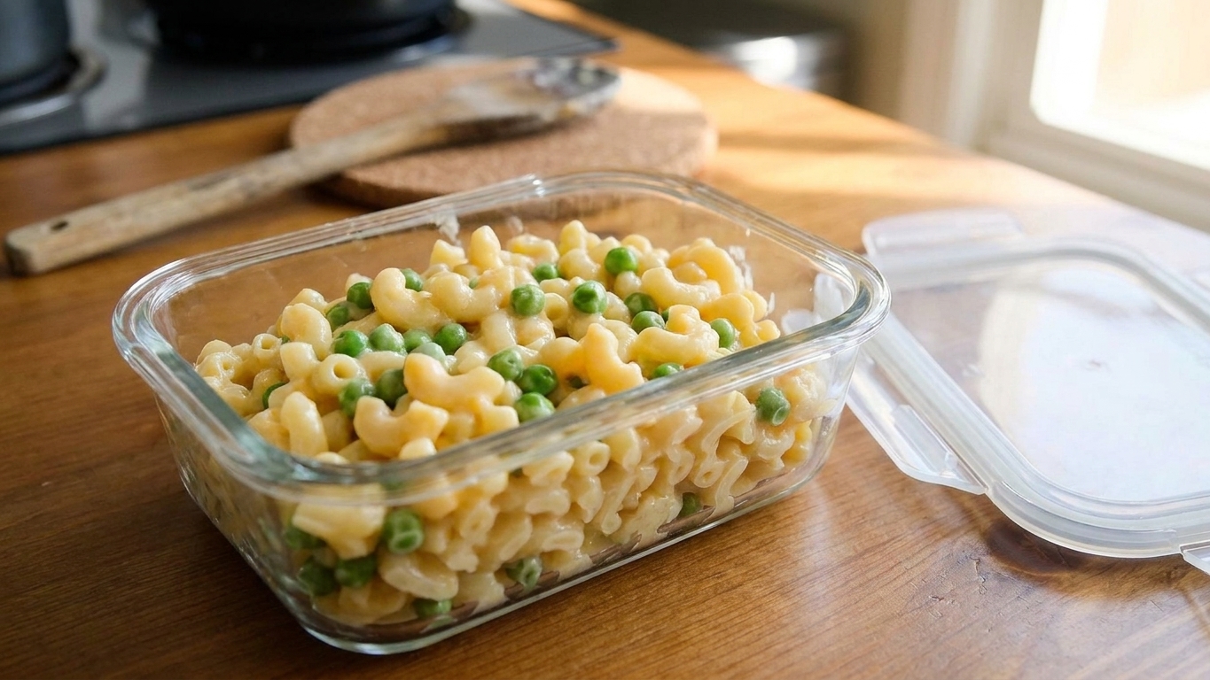 A glass meal prep container filled with leftover macaroni and peas on a kitchen counter next to a lid, ready for refrigeration
