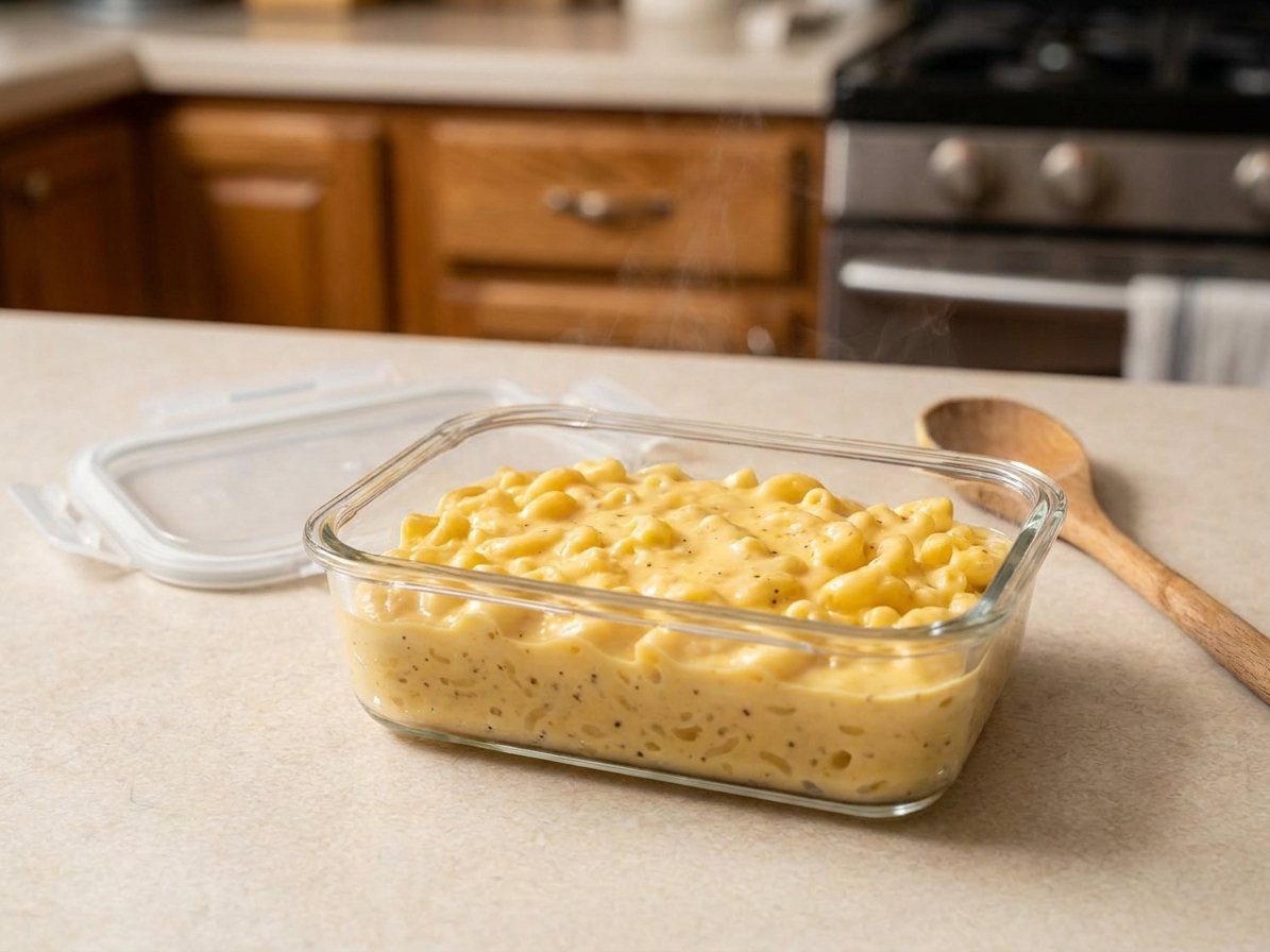 A glass meal prep container filled with leftover mac and cheese cooling on a kitchen counter with a lid beside it