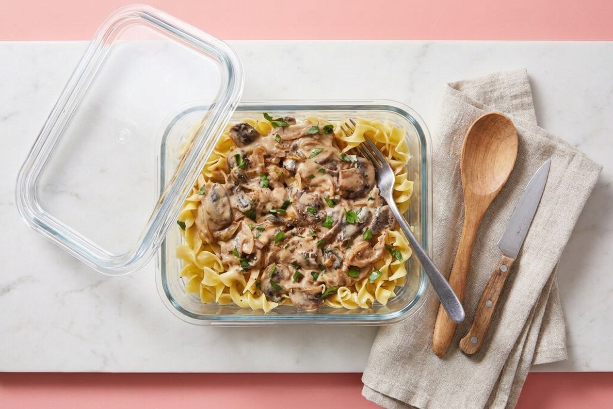 A glass meal prep container filled with leftover mushroom stroganoff, lid set beside it on a kitchen counter