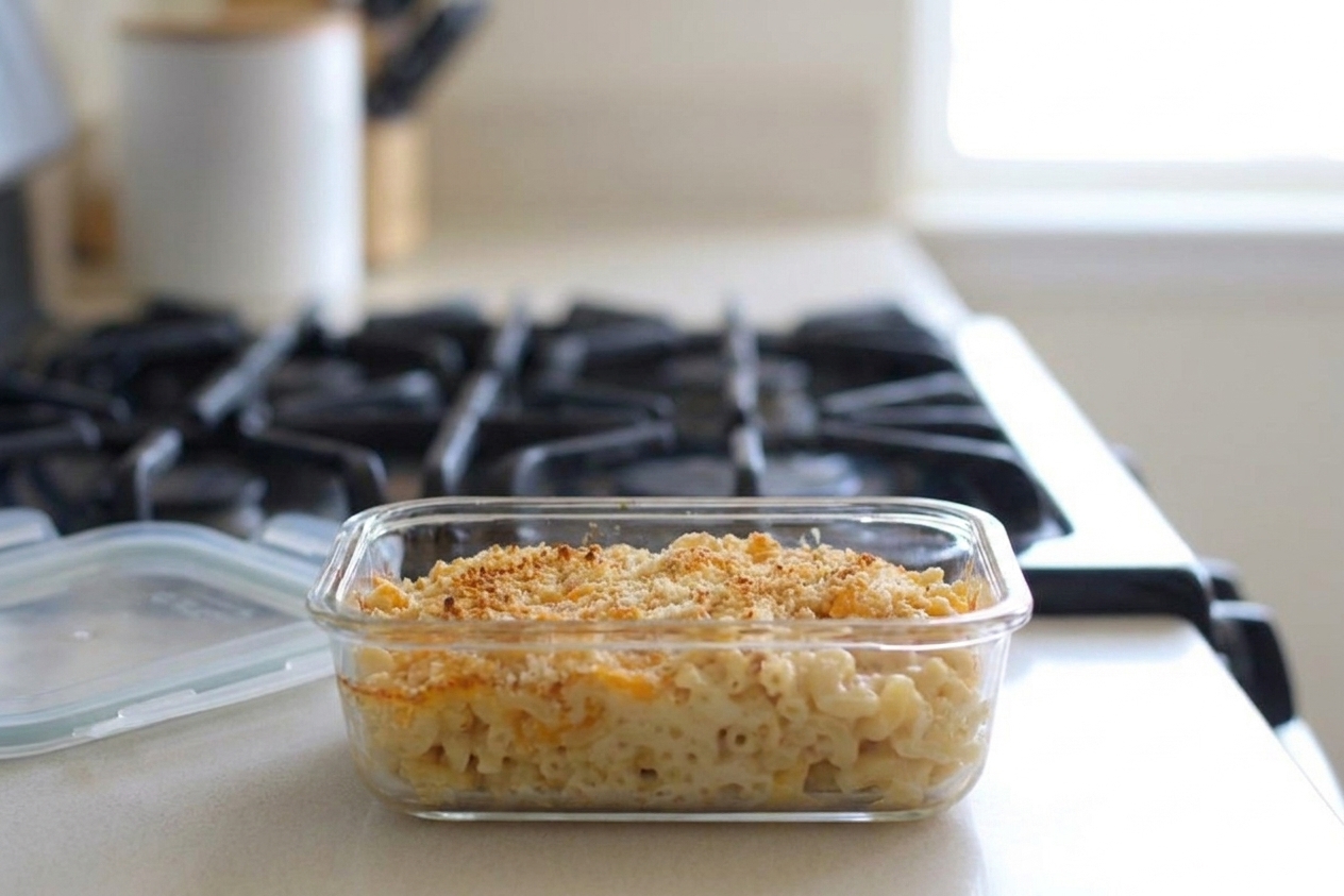 A glass meal prep container filled with leftover mac and cheese on a kitchen counter with the lid set beside it