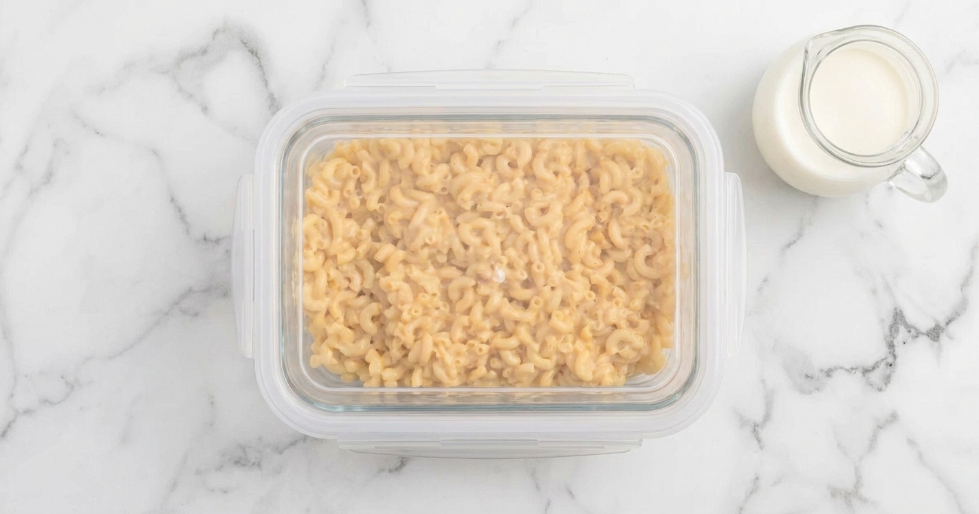 A glass meal prep container filled with leftover mac and cheese, covered with a lid on a kitchen counter next to a small pitcher of milk