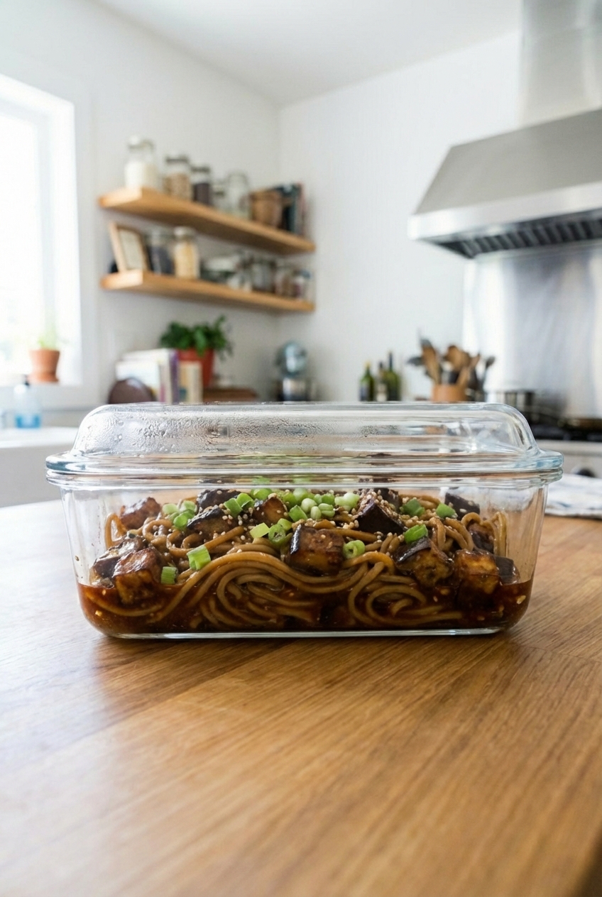 A glass meal prep container filled with leftover noodles and eggplant with a tight-fitting lid on a countertop