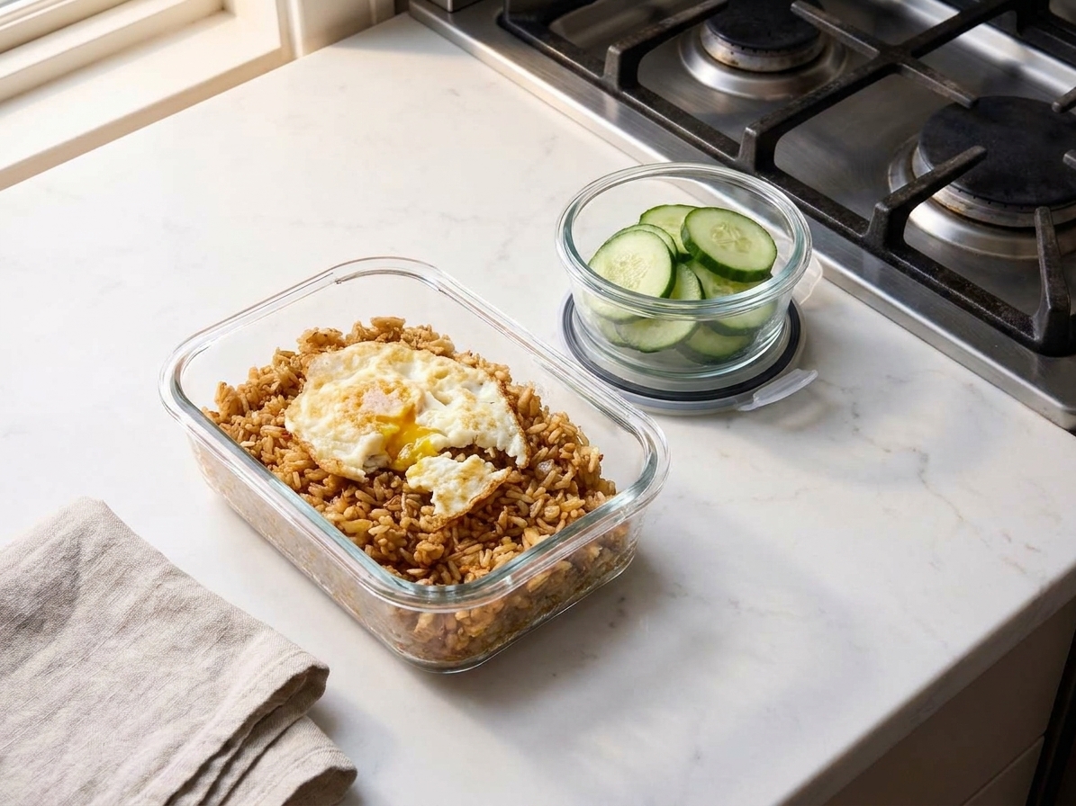 A glass meal prep container filled with leftover nasi goreng and a separate container with sliced cucumbers, set on a kitchen counter