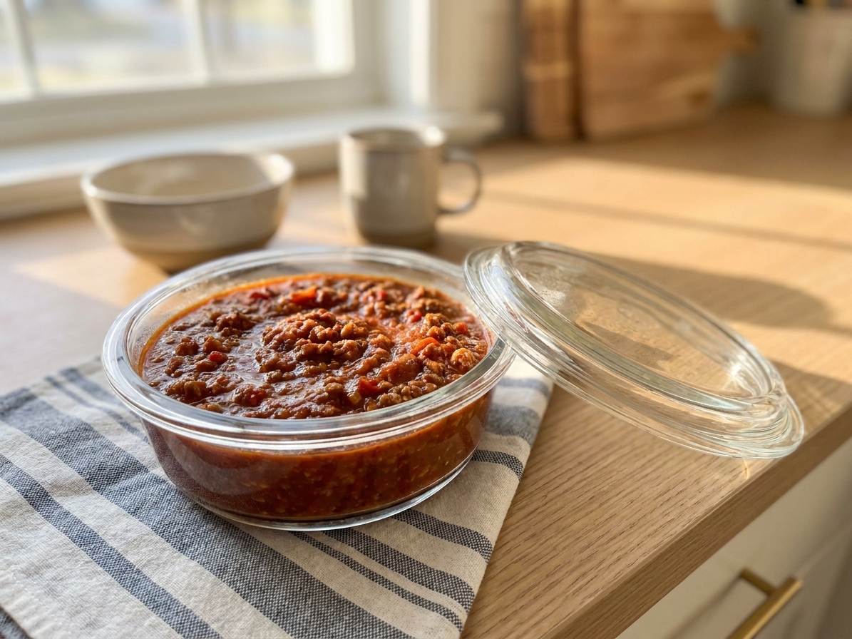 A glass meal prep container filled with leftover no bean chili with the lid set beside it on a kitchen counter, soft morning light