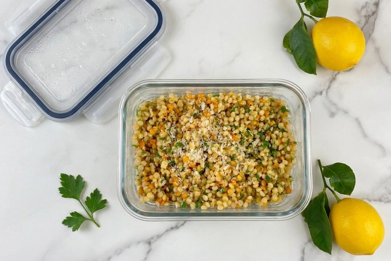 A glass meal prep container filled with leftover pearl couscous and parsley, lid resting beside it on a kitchen counter