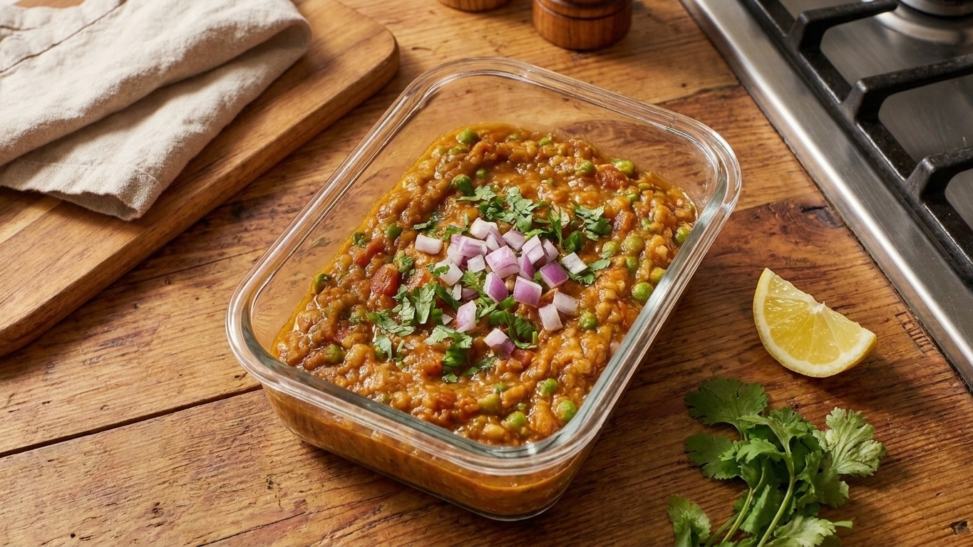 A glass meal-prep container filled with leftover pav bhaji, with chopped cilantro and a lemon wedge nearby on the counter