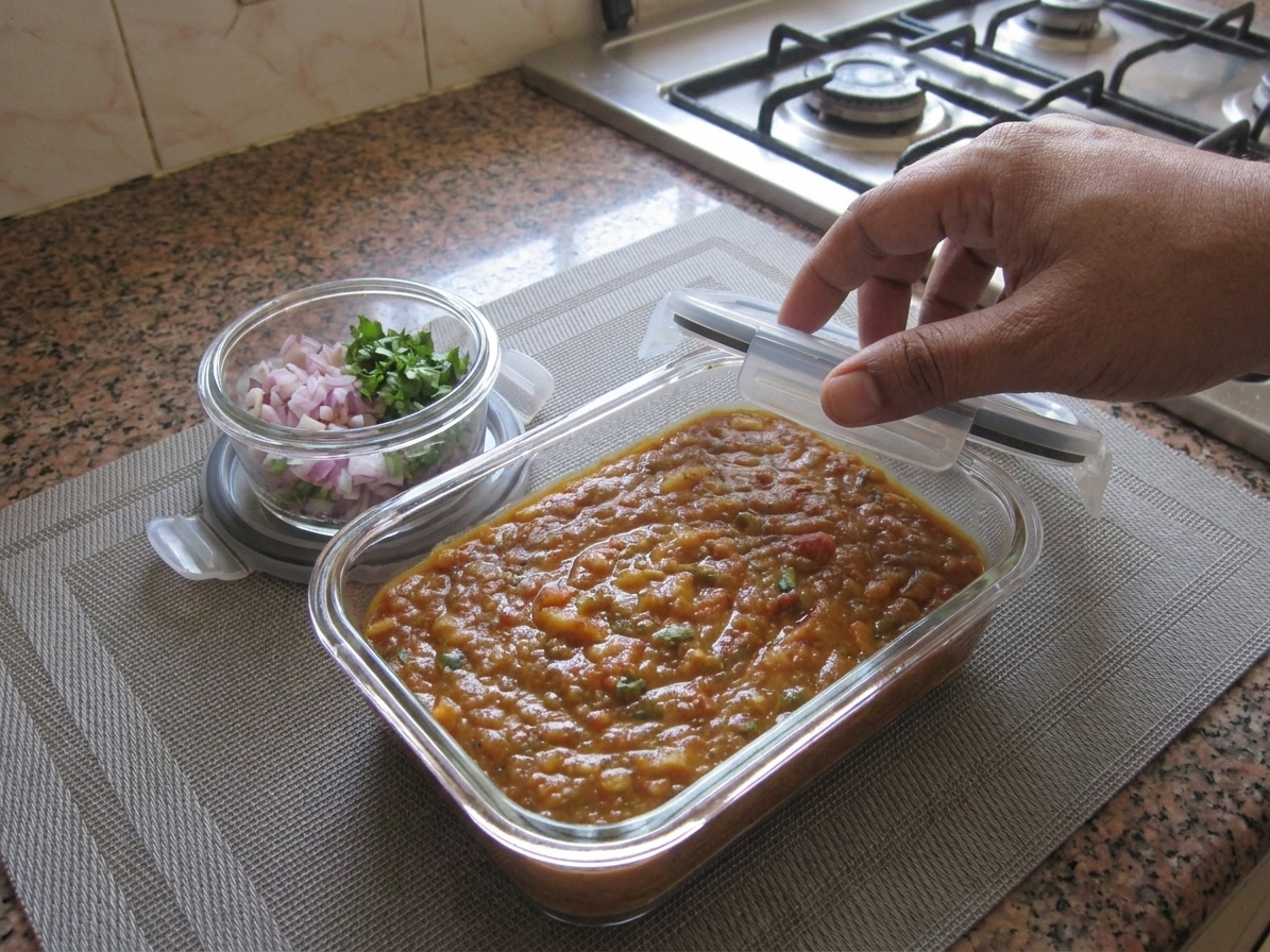 A glass meal prep container filled with leftover pav bhaji, cooled and ready to refrigerate, sitting on a kitchen counter next to a small lidded container of chopped onions and cilantro