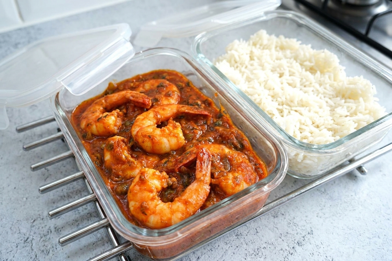 A glass meal prep container filled with leftover prawn creole sauce and prawns next to a separate container of cooked white rice on a kitchen counter
