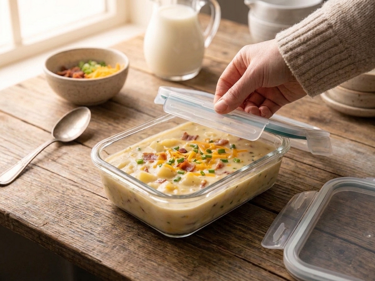 A glass meal prep container filled with leftover potato soup, cooled and ready to be sealed, on a clean kitchen counter