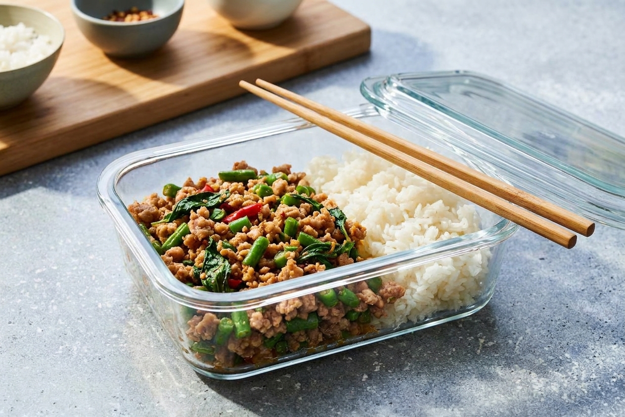 A glass meal prep container filled with leftover pad kra pao and jasmine rice, sitting on a clean kitchen counter with a lid nearby