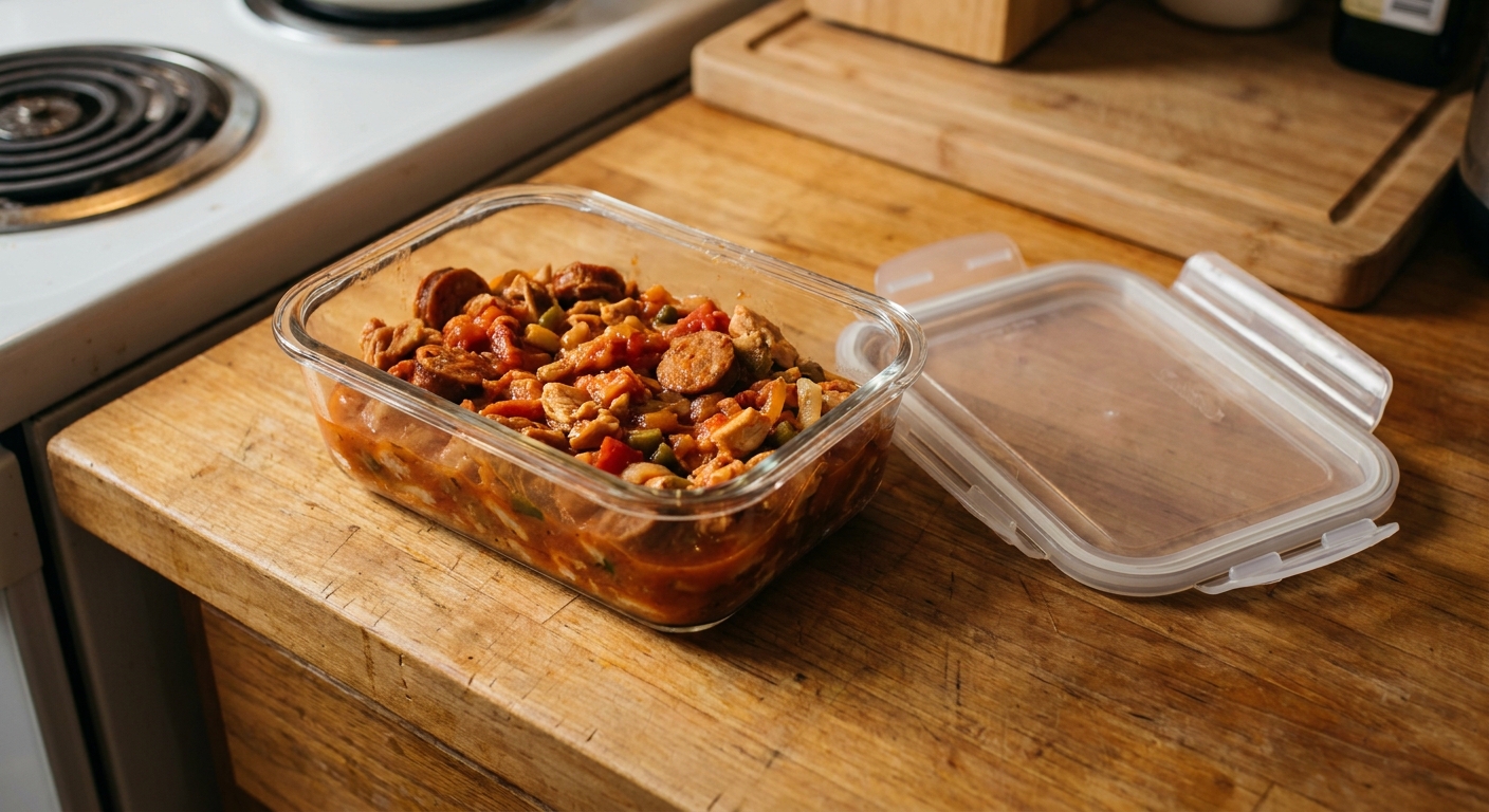 A glass meal prep container filled with leftover pastalaya with the lid set nearby on a warm-toned kitchen counter