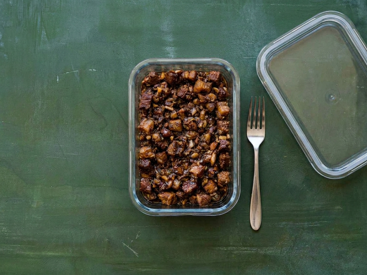 A glass meal prep container filled with leftover pork sisig sitting on a kitchen counter next to a lid and a fork