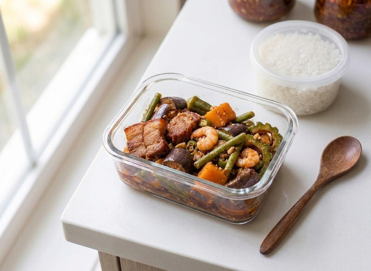 A glass meal prep container filled with leftover pinakbet with vegetables visible through the sides, sitting on a kitchen counter next to a lidded container of rice