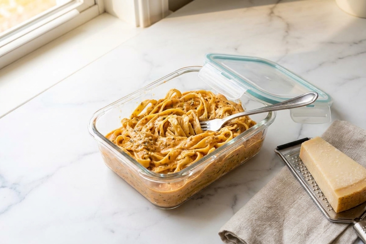 A glass meal prep container filled with leftover pasta coated in creamy orange-tinted salsa Alfredo sauce on a kitchen counter