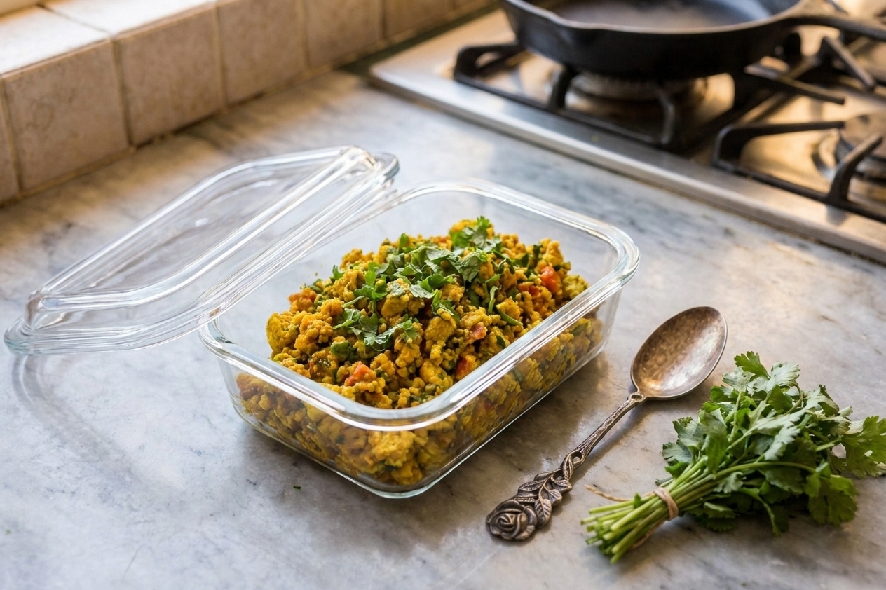 A glass meal prep container filled with leftover paneer bhurji, lid set beside it on a kitchen counter with a spoon and a small bunch of cilantro