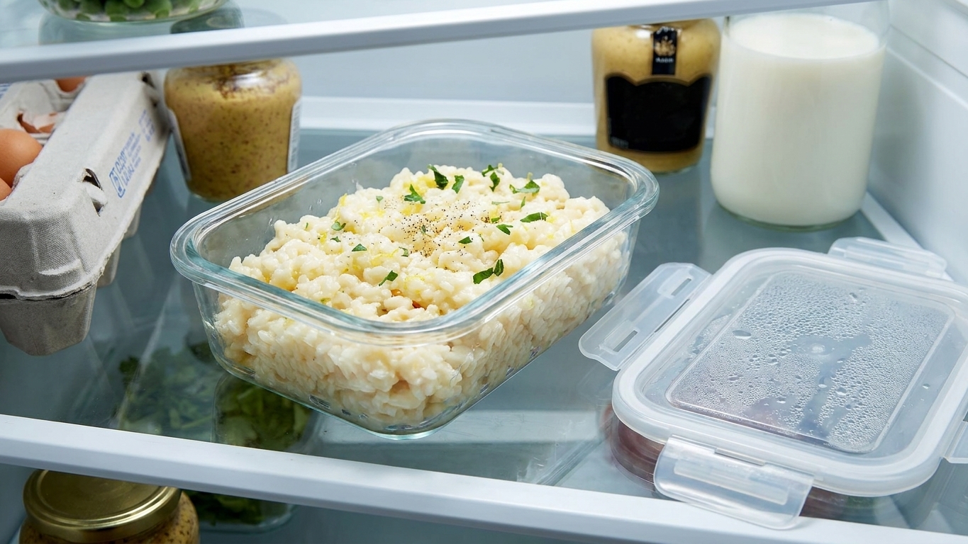 A glass meal prep container filled with leftover risotto on a refrigerator shelf with a lid set next to it