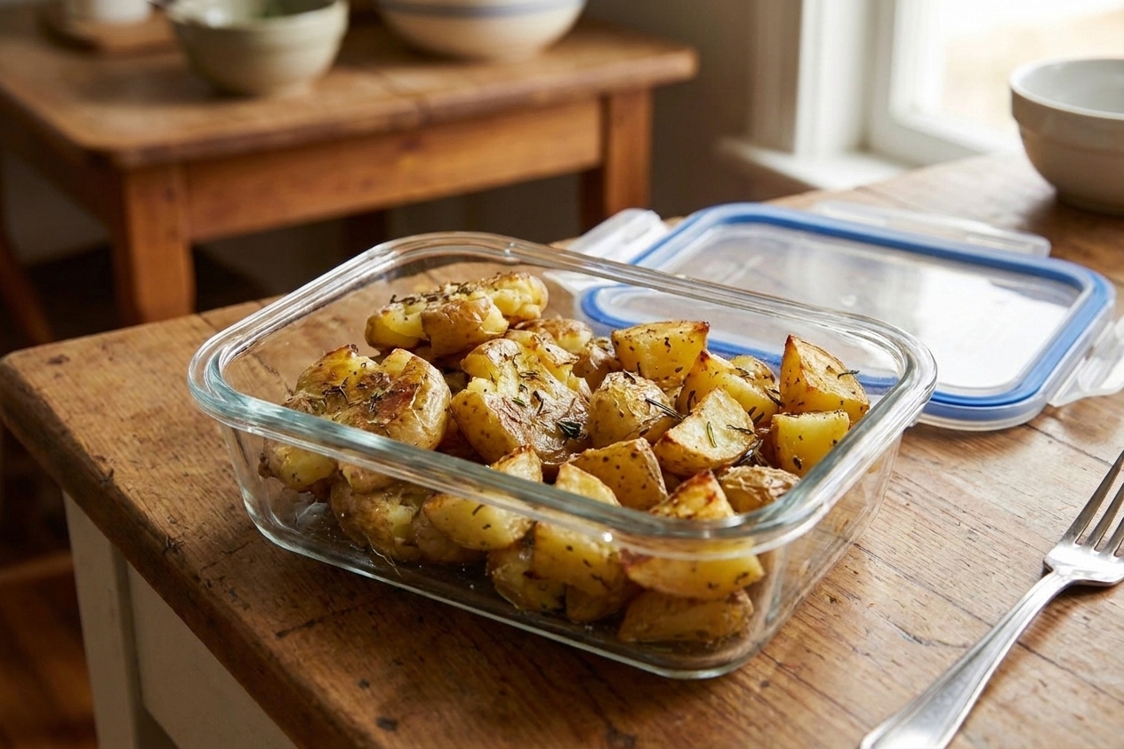 A glass meal prep container filled with leftover roasted potatoes, lid set beside it on a kitchen counter