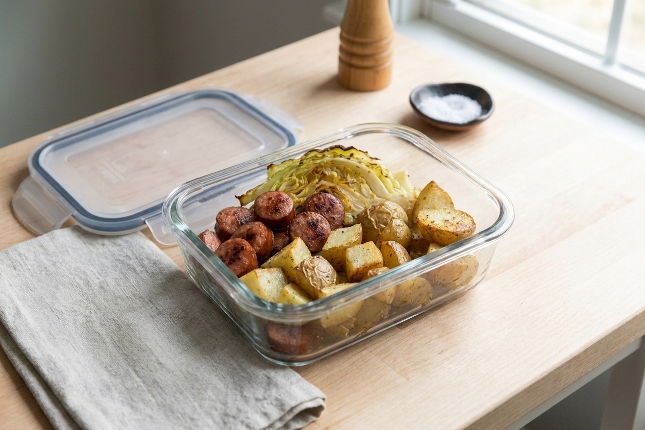 A glass meal prep container filled with leftover roasted kielbasa, cabbage, and potatoes sitting on a kitchen counter with a lid nearby