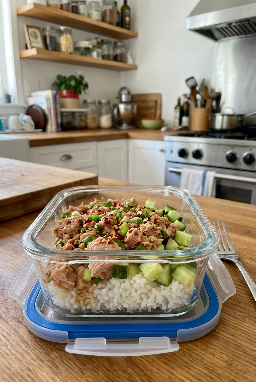 A glass meal prep container filled with leftover spiced tuna and rice, sitting on a kitchen counter