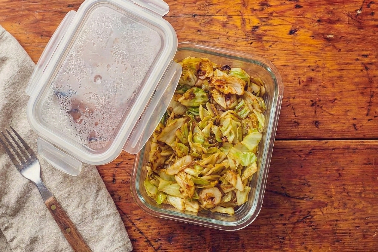 A glass meal prep container filled with leftover sauteed cabbage, lid set beside it on a kitchen counter